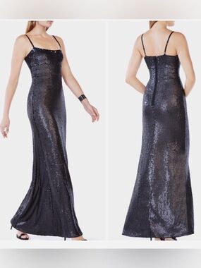 BCBGMaxAzria Giselle Black Sequin Maxi Slip Dress gown